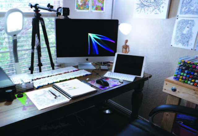 Computer, Bright Desk Lamp, Tripod for Filming Videos, Free Space For Doodling. 